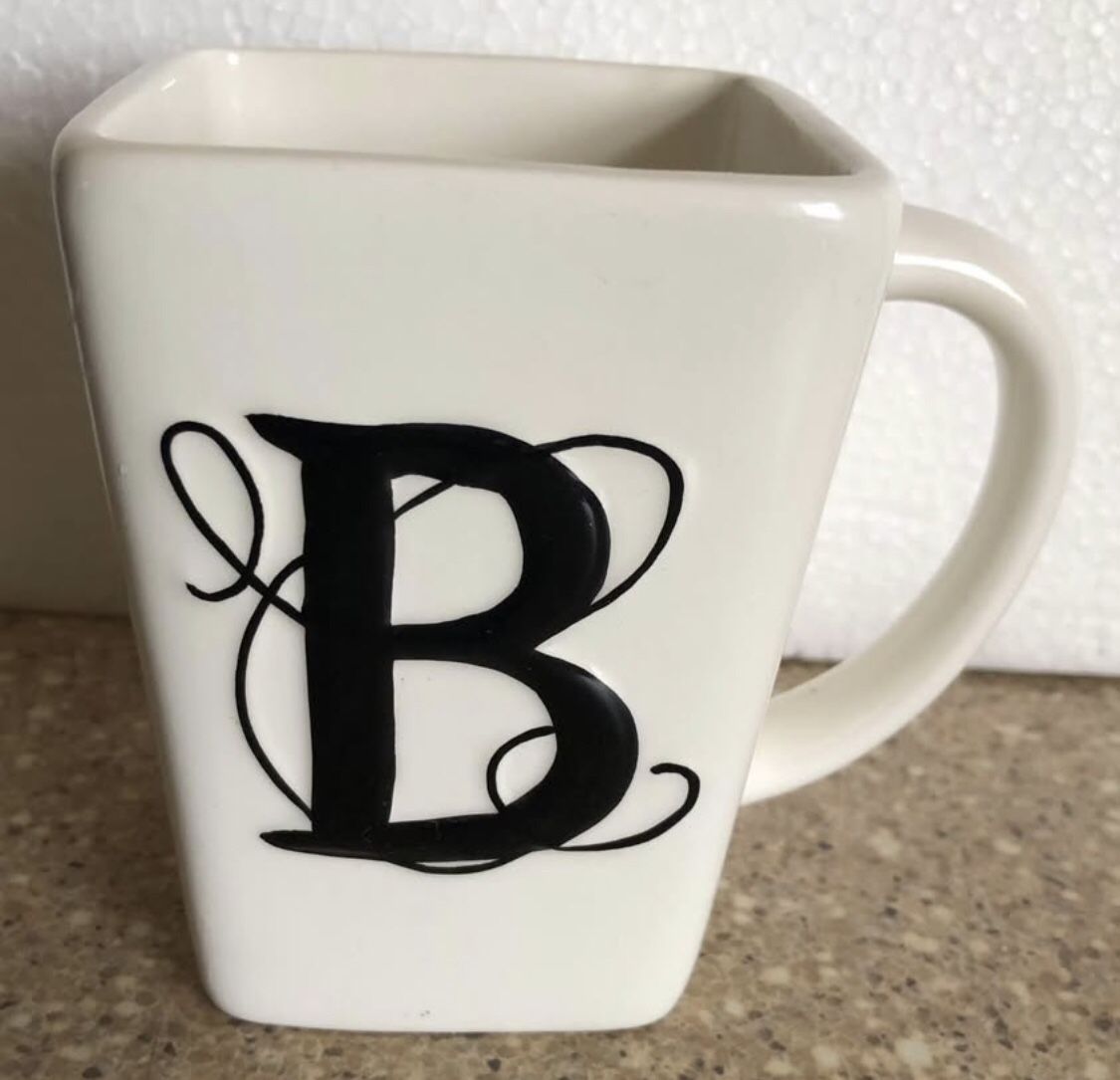 MWW Market “B" Monogram Initial Square Mug/Cup White Porcelain 12 oz