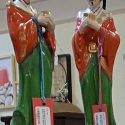 Vintage Elegant Oriental Figurines On Brass Base... 14 Inches Tall.. Selling the Set Of 2