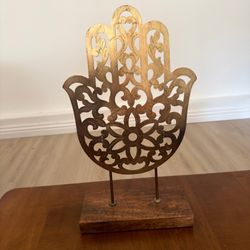 Decorative Gold Hamsa Hand Sculpture on Wooden Base | Boho Global Accent Decor