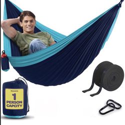 Lightweight Nylon Camping Hammock -Tree Straps and Attached Carry Bag - Portable (Navy)