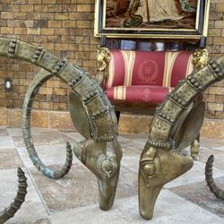 Pair of Hollywood Regency Brass Ibex Ram Heads Coffee Table circa 1970s