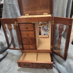 Wooden Jewelry Box 2-Door Mirror 5 Drawers Armoire Vintage Lighted Lined
