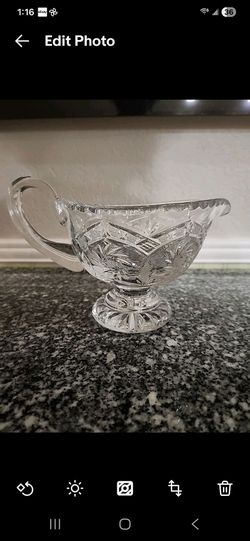 Vintage Heavy Cut Glass Gravy Boat with Ladle