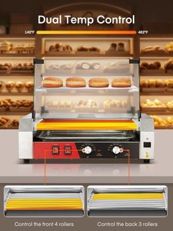 C226 $100  Hot Dog Roller 7 Rollers 18-24 Hot Dogs Capacity, 1050W Stainless Steel Hot Dog Machine with Bun Warmer Shelf, Dual Temp Control, Glass Cov