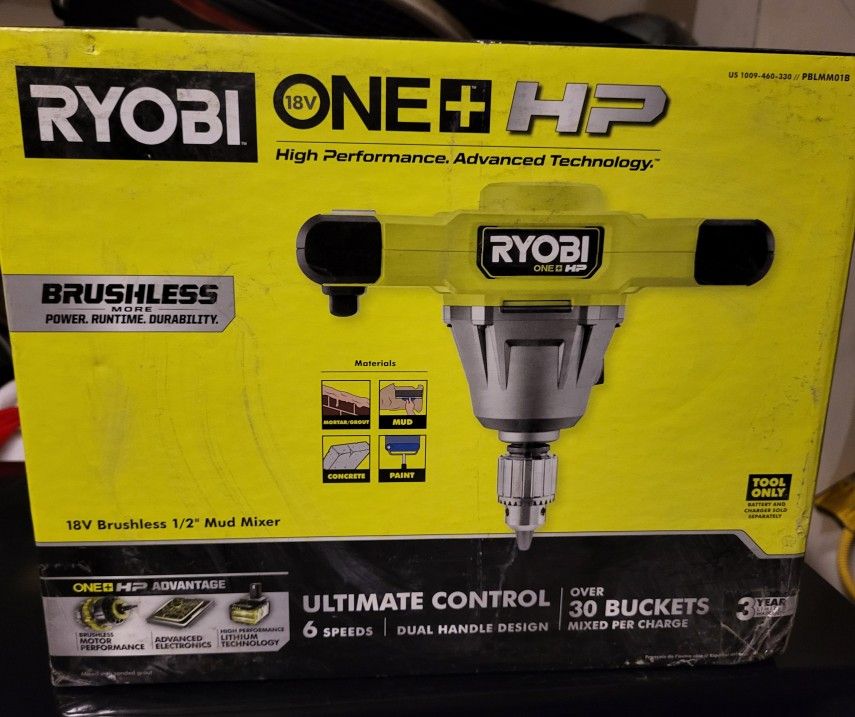 Brand New! RYOBI ONE+ 18V HP 1/2 in. Brushless Cordless Mud Mixer (Tool Only)