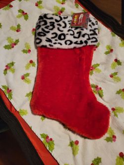 Red Plush Christmas Stocking with Animal Print Cuff