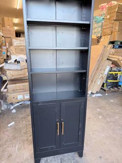 Metal Bookcase with Doors, 71" Tall 6 Tier Bookshelf with Storage, Floor Industrial Bookshelves, Display Storage Shelves for Home Office, Living Room,