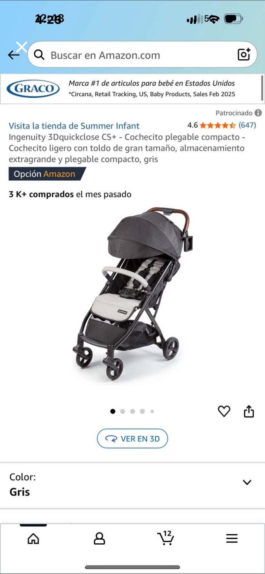 Ingenuity 3Dquickclose CS+ - Cochecito plegable compacto - Cochecito ligero con toldo de gran tamaño