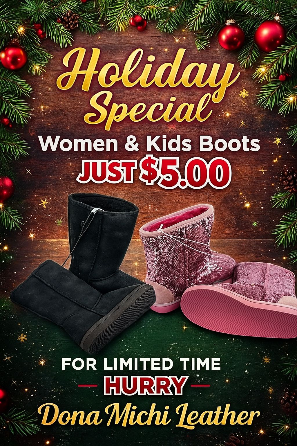 Women’s Black Winter Boots/ Kids Pink Sequin Winter Boots
