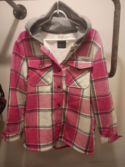 ​Pink Plaid Hooded Shacket (Posh)