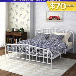White metal full-size bed frame