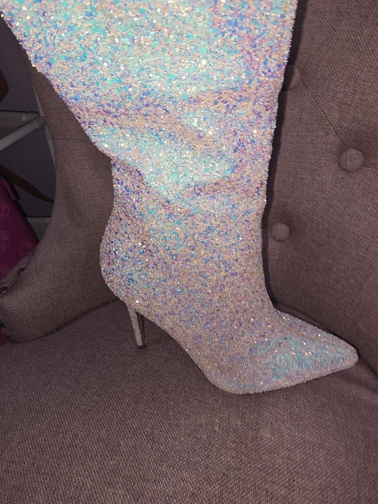 White Sparkly Thigh High Boots