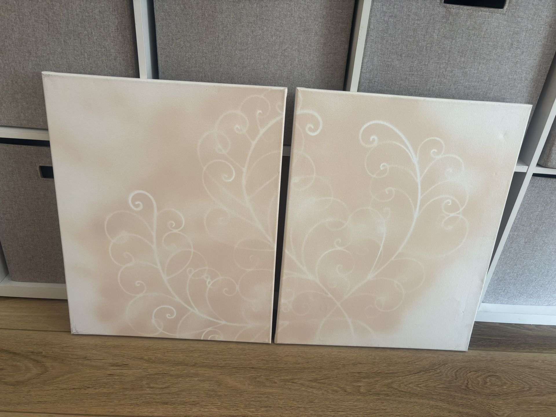 Set of 2 Canvas Wall Art – Soft Blush & White Vine Design