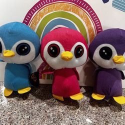 PENGUINS!  BUNDLE OF 3 !  PURPLE BLUE & PINK!!  8 INCHES