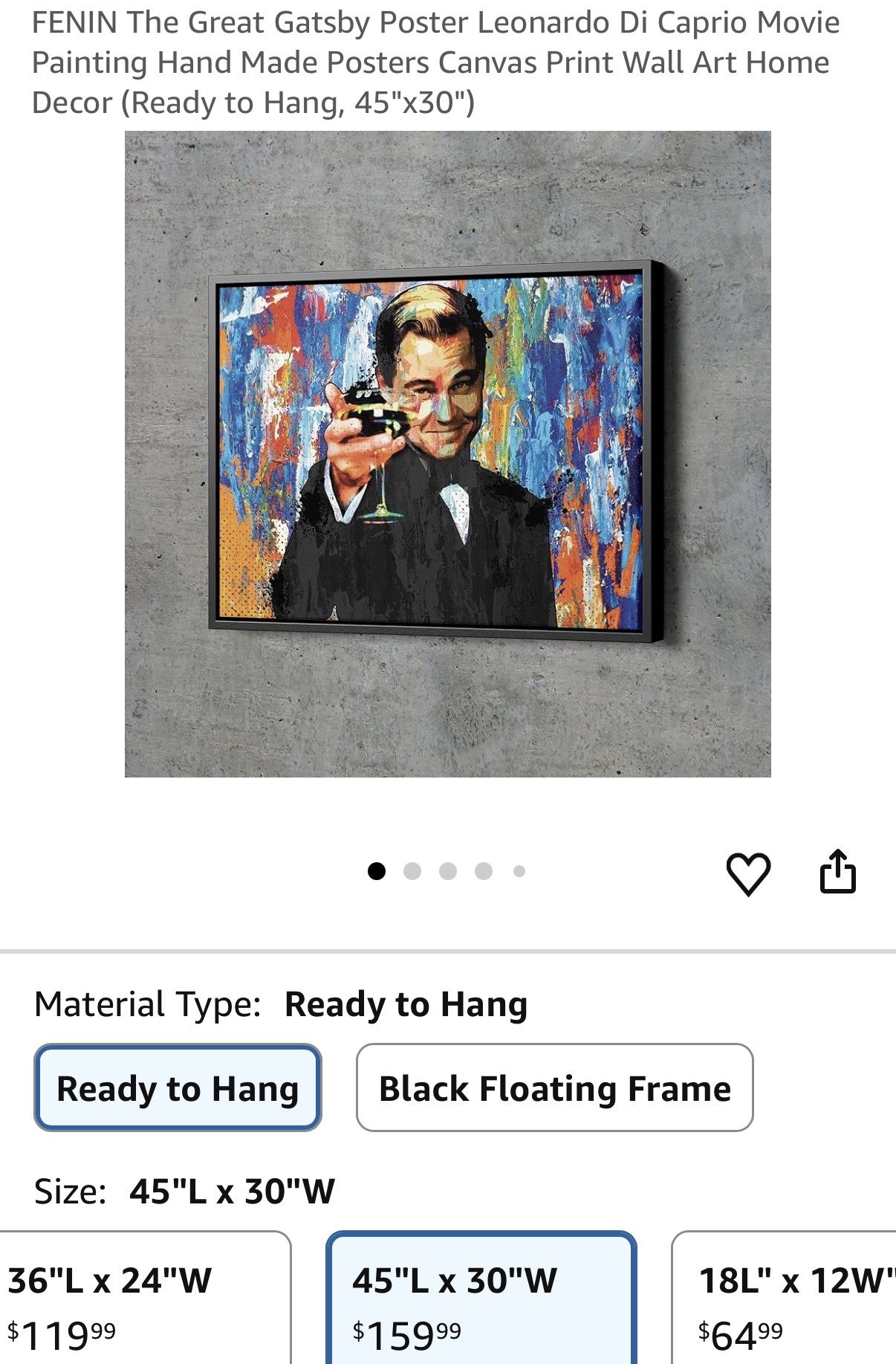 FENIN The Great Gatsby Poster Leonardo Di Caprio Movie Painting Hand Made Posters Canvas Print Wall Art Home Decor (Ready to Hang, 45"x30")
