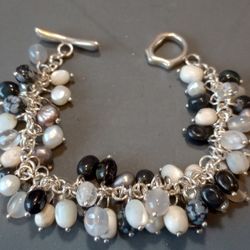Whitney Kelly Sterling Silver, Agate, Jasper and Pearl Bead Bracelet (7-8")