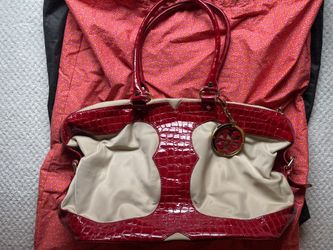 Tory Burch Large Cream Nylon & Red Croc Embossed Tote Shoulder Bag