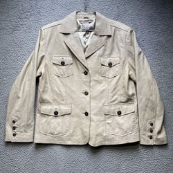 Chicos Leather Jacket Womens Size 2 Beige Coat Button Front