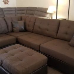 Brand New Brown Linen Sectional Sofa Couch With Ottoman 