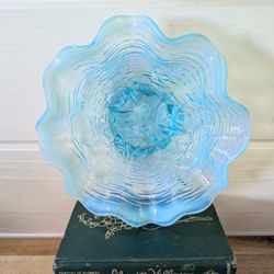 Antique Northwood Blue Opalescent Rose Show Bowl 