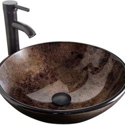 Bathroom Artistic Vessel Sink, Tempered Glass Vanity Round Bowl with Oil Rubber Bronze Faucet and Pop up drain Set, Brown