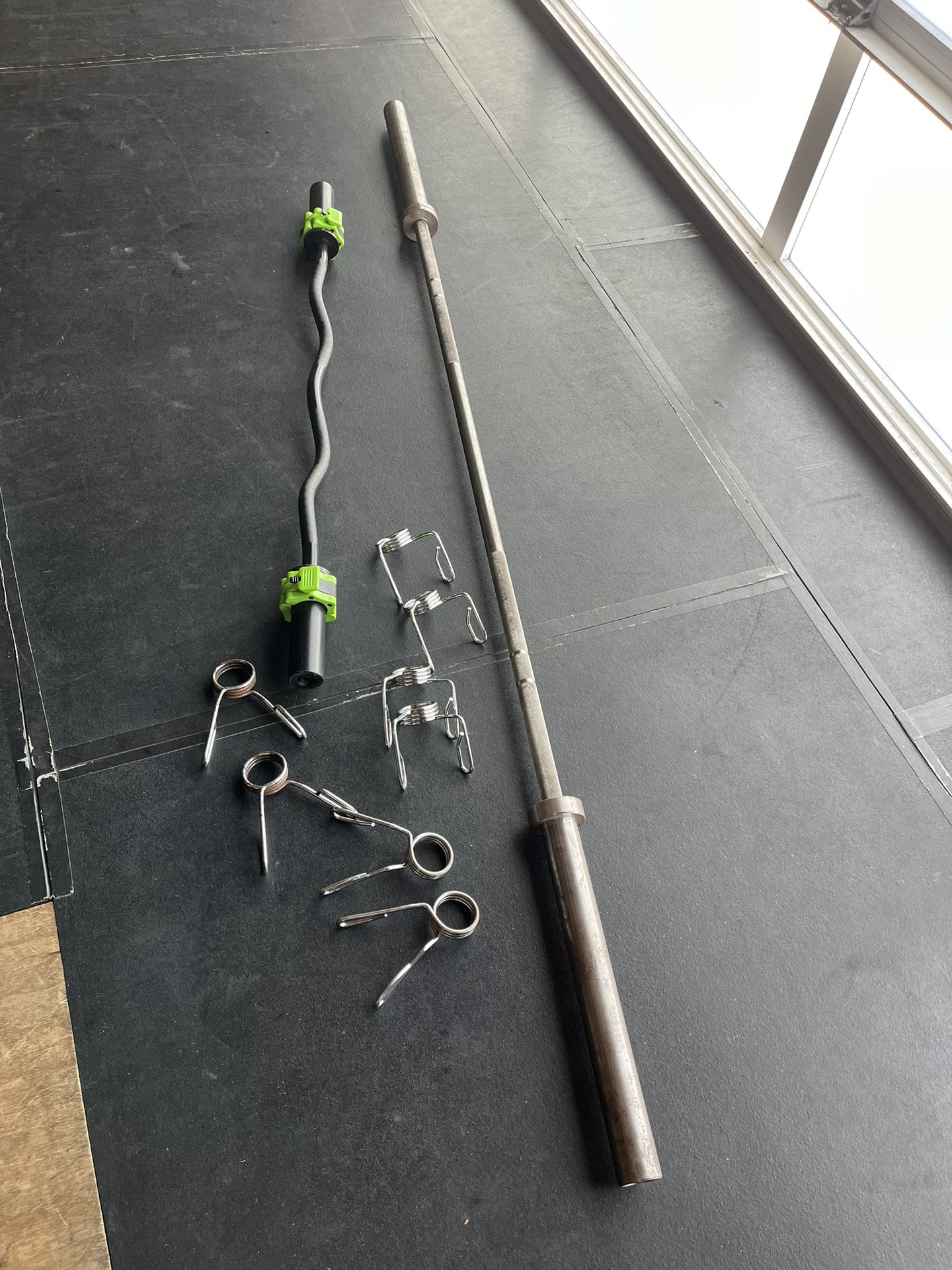 Rogue Castro Barbell + EZ Curl Bar (unbranded) + 5 Pairs Of Collars (Bar Clamps & Spring Collars). 