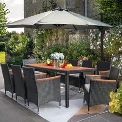 New 9-Piece Patio Dining Set, Outdoor Acacia Wood Table and Chairs with Soft Cushions, Wicker Patio Furniture for Deck, Backyard, Garden New in box V
