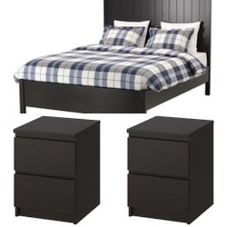 IKEA Bedroom Set - Queen Bed With Slats & 2 Nightstands With Glass Tops