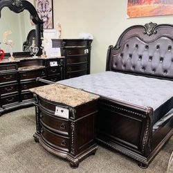 Stanley Cherry Brown Upholstered Sleigh Bedroom Set, Bed,Dresser, Mirror, Nightstand, Chest// Mattress Sold Separately 