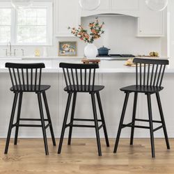 Upgraded Windsor Wooden Black Bar Stools Set of 3, 30 Inch