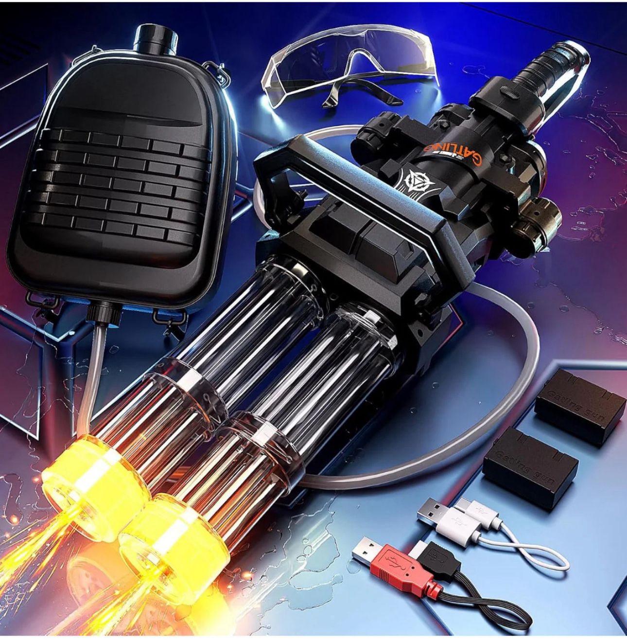 Gatling Electric WaterGun Blaster Double Barrel Squirt with Rotating and LED Light - Blue