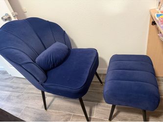 Modern Velvet Shell Accent Chair with Ottoman Footstool - Navy Blue / Gold Tips