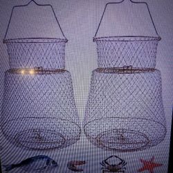 2PCS Steel Wire Fish Basket Galvanized,Collapsible Fish CrabCrawfish Basket,Gold