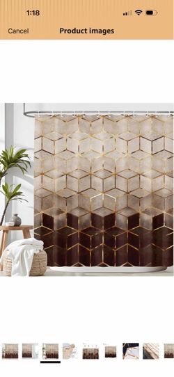) Ombre Brown Marble Shower Curtain Abstract Geometric Grid Cubic Gold Lines Modern Bathroom Home Decor Waterproof Polyester Fabric 72Lx72W Inch Thick
