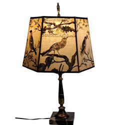 Antique Brass & Marble Table Lamp w/Bird Print Hexagon Shade Cottagecore Decor
