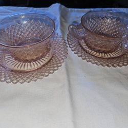 2 Pink Miss America Depression Glass Cups Saucers