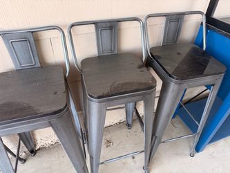 Industrial Metal Bar Stools with Wood Seats – Set of 3