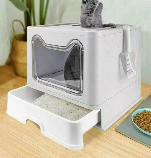 XPET124-GY Cat Litter Box Enclosed Kitty Toilet Box with Trays Skylight Door Smelless Large