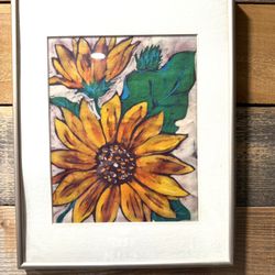 Beautiful Signed and Framed Sunflowers Batik on Fabric  (unsure if silk or cotton ) Painting by Montana Artist Julie Wulf  11” x 14”   Batik, Oil, Sil