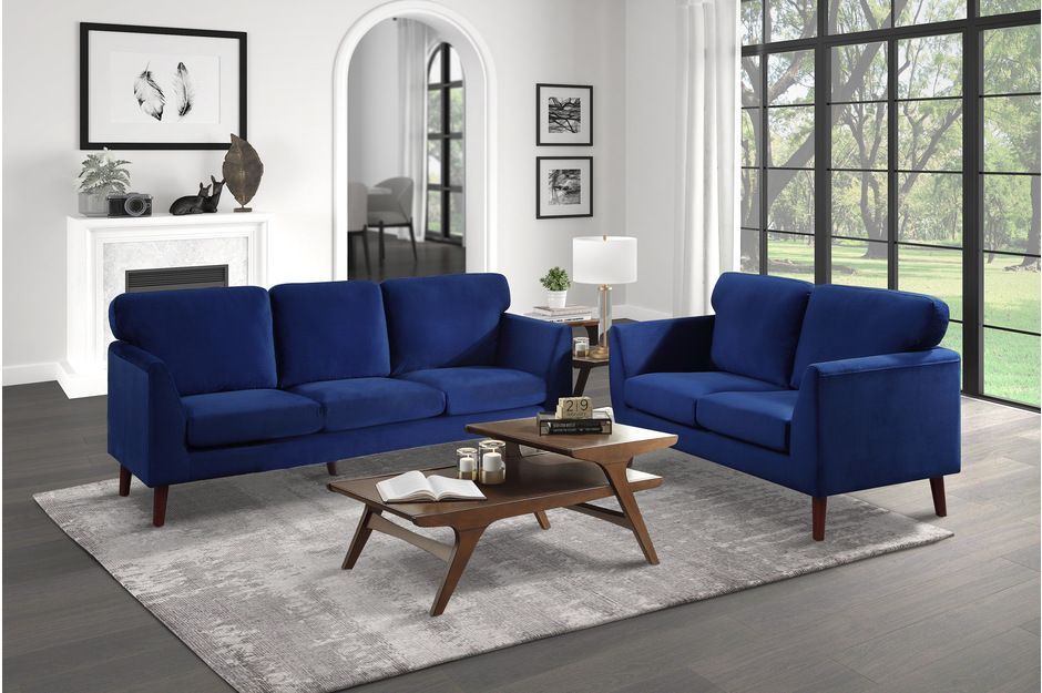 Blue color, Velvet Fabric with wood legs sofa and Loveseat