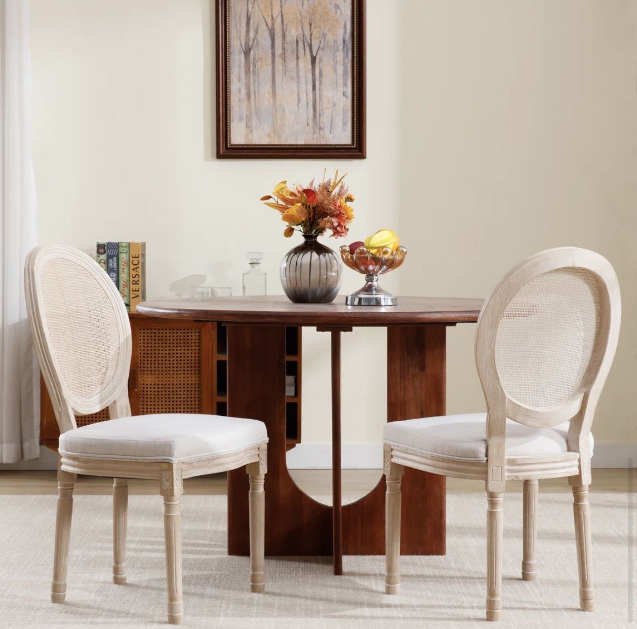 Rattan Back upholstered Linen Dining chair - Solid Wood