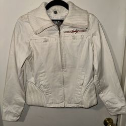 Harley Davidson Embroidered Ivory Denim Jacket Motorcycle Women’s Size XS