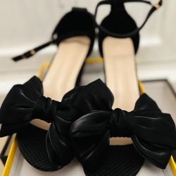 Quilted Black Bow Block Heel