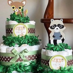 FOREST ANIMALS WOODLAND Creatures deer raccoon baby shower diaper cakes gifts