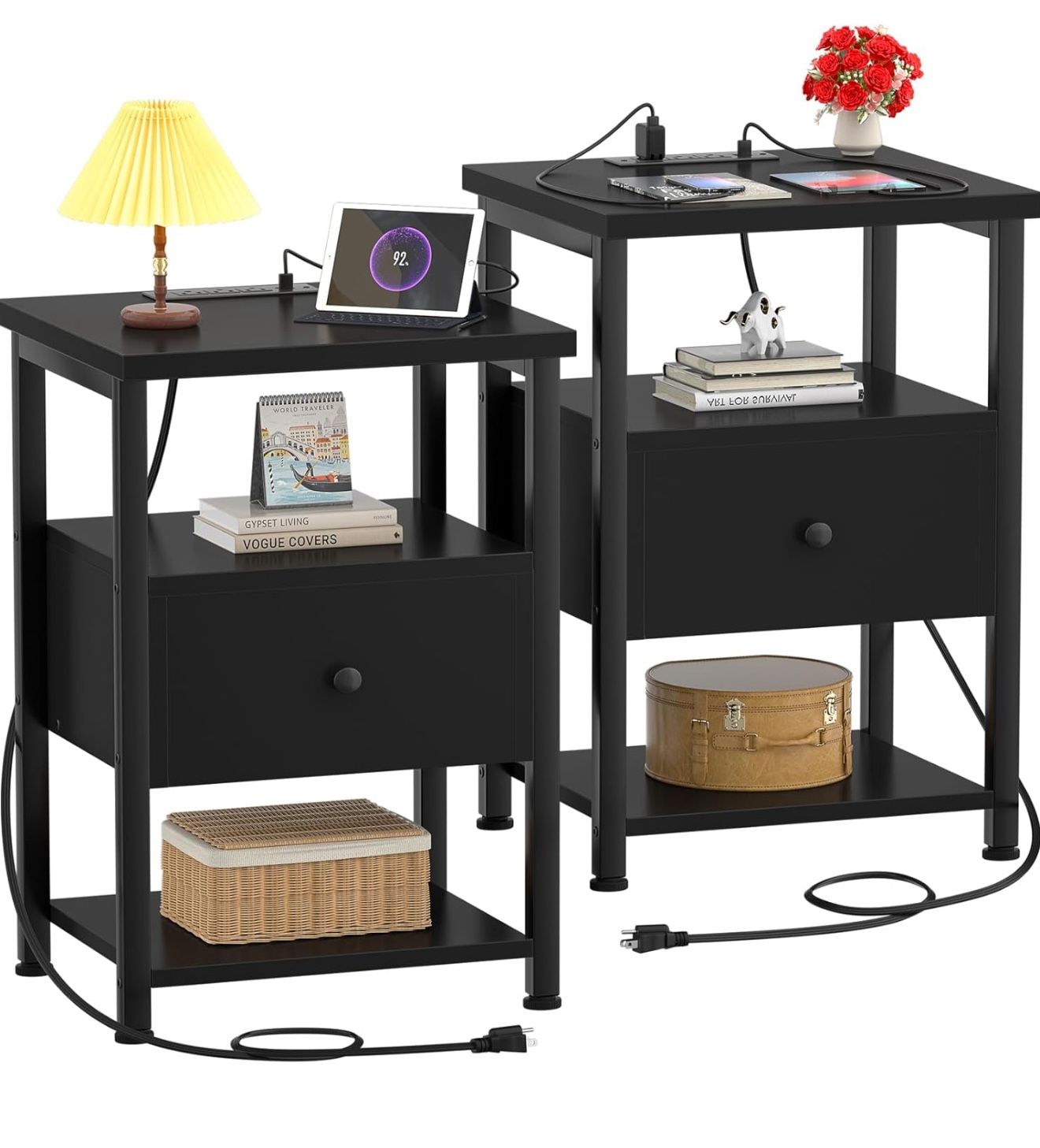 Ecoprsio Nightstand Set of 2 w/ Charging Station – Black, Modern & Functional!