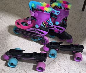 Roller Derby Sprinter 2-in-1 skates with neon zebra design