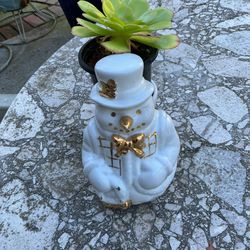Christmas Snowman Ceramic 3” Plant Holder With Gold Accents. Cute Gift! With Or Without Plant.