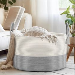Extra Large Basket for Blankets - 21.7"D X 13.8"H Rope Laundry Basket Toy Baskets Storage Kids, Throw Blanket Baskets, Grey