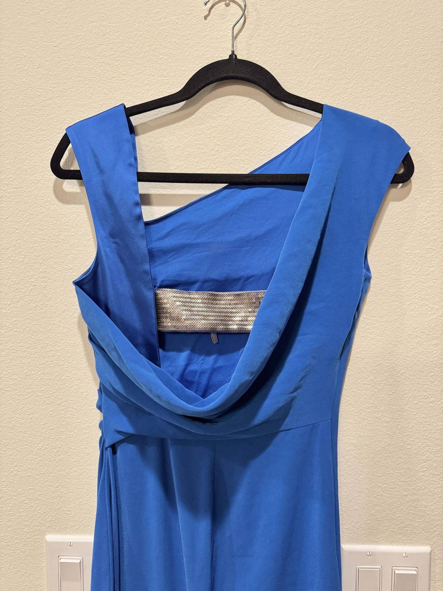 HALSTON Heritage: Elegant Blue One-Shoulder Fitted Evening Gown – Size S -Women Slim Fit Gown- for wedding/for stage/ for performance/ prom
