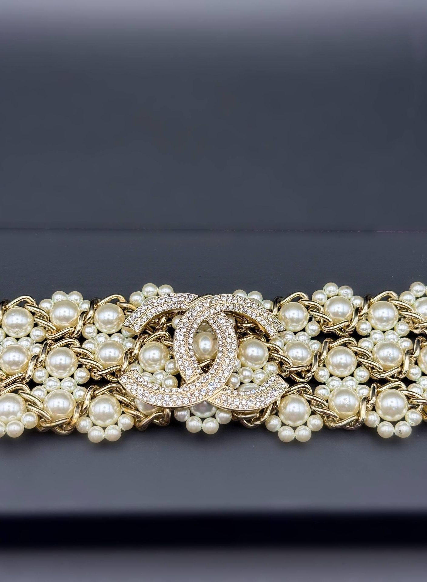 Authentic Chanel Large Golden Pearl & Strass Bracelet box & tag